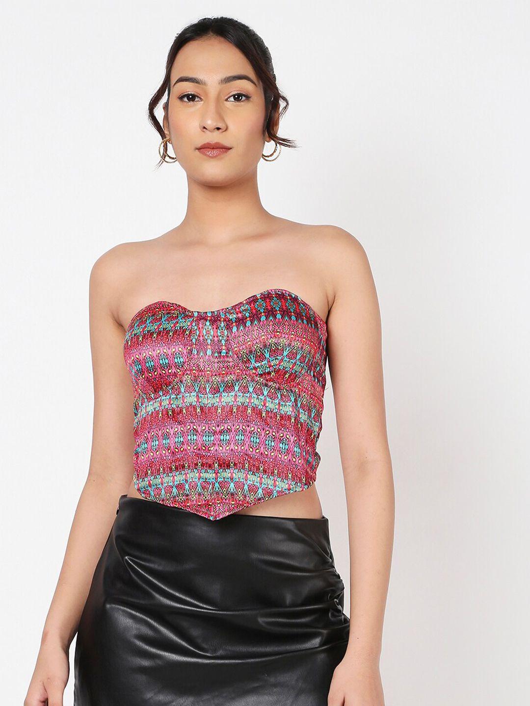 liyokki ethnic motifs printed strapless sleeveless leather tube top