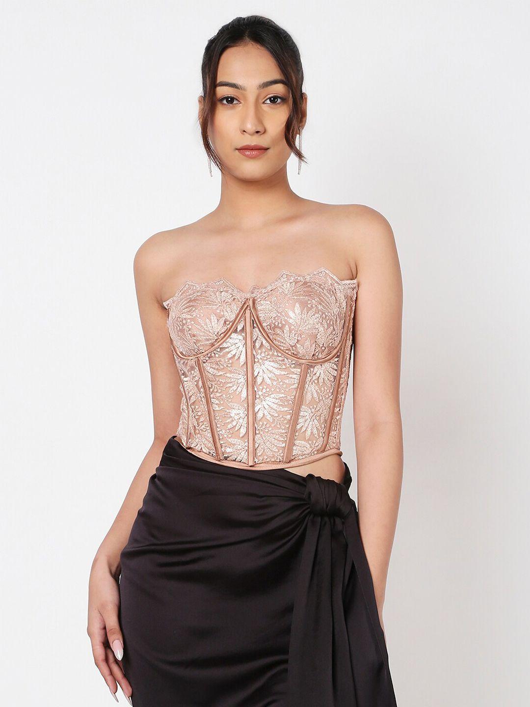 liyokki self design strapless lace crop tube top