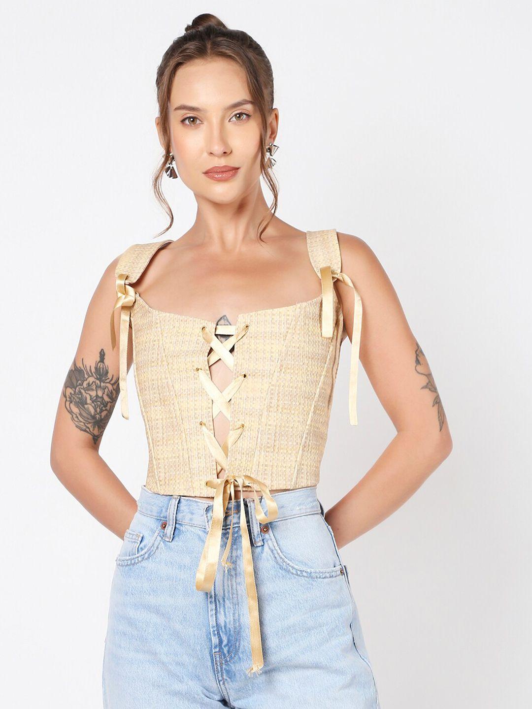 liyokki self design shoulder straps tie up fitted crop top