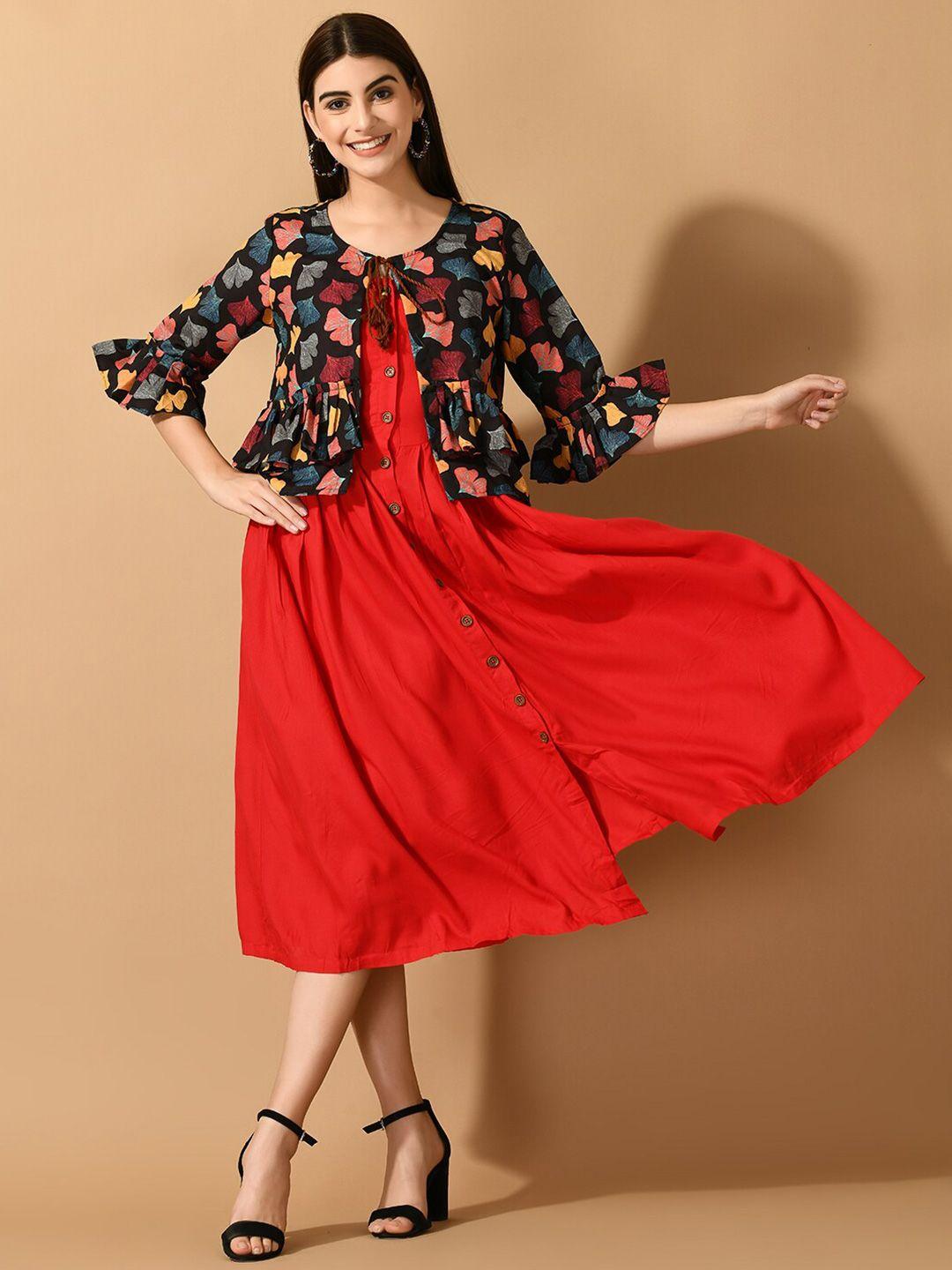 sangria round neck a-line dress with printed shrug