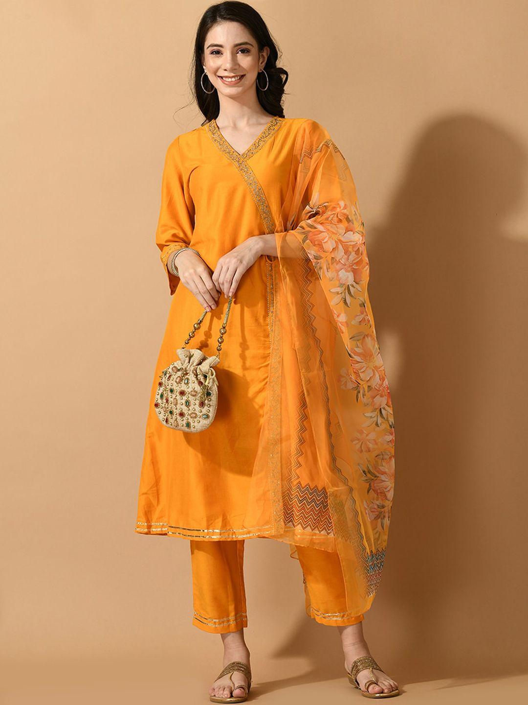 sangria v neck gotta patti angrakha organza kurta with trousers & dupatta