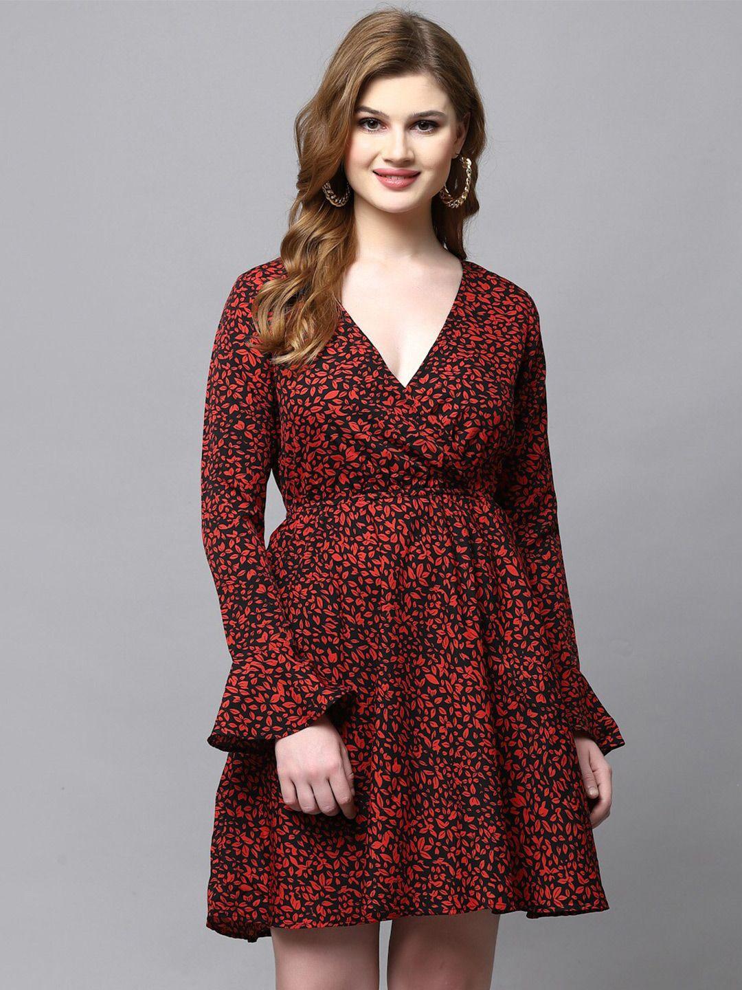 aayu red floral print bell sleeve crepe fit & flare dress