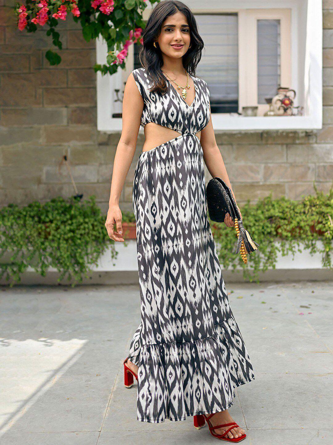 nore21 ethnic motifs printed v-neck cut-outs maxi dress