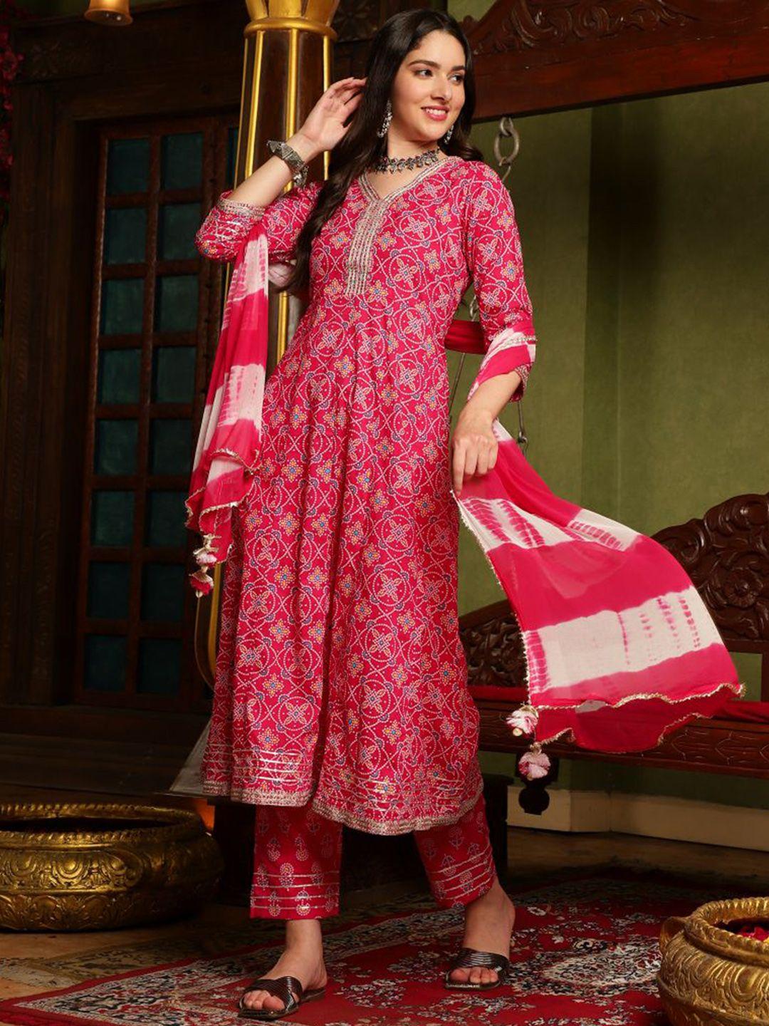 sangria pink ethnic motifs printed sequinned pure cotton a-line kurta set