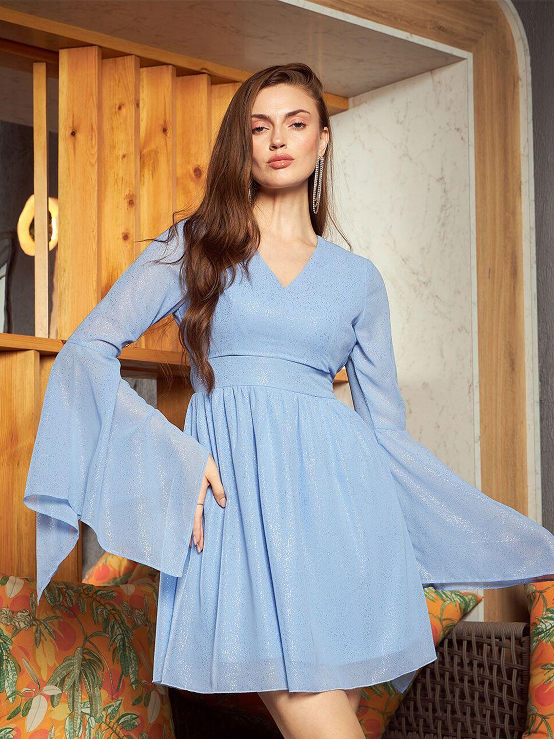 kassually blue v-neck flared sleeves gathered mini fit & flare dress