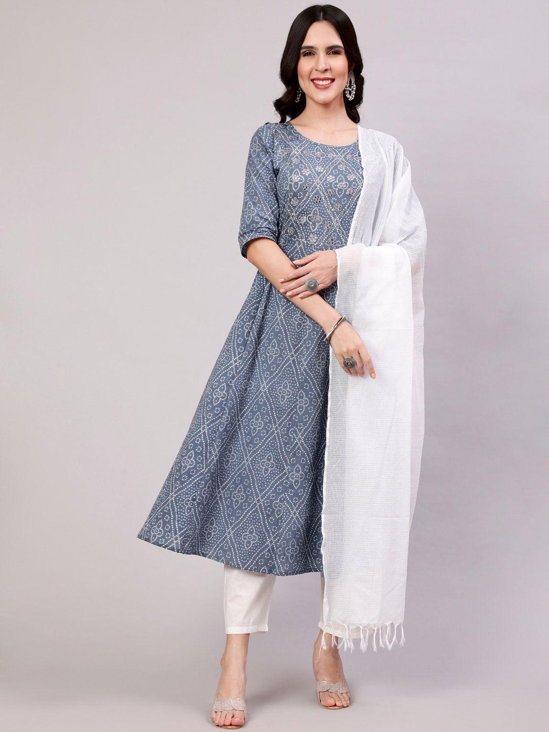 the nks plus bandhani printed pure cotton anarkali kurta & trousers with dupatta