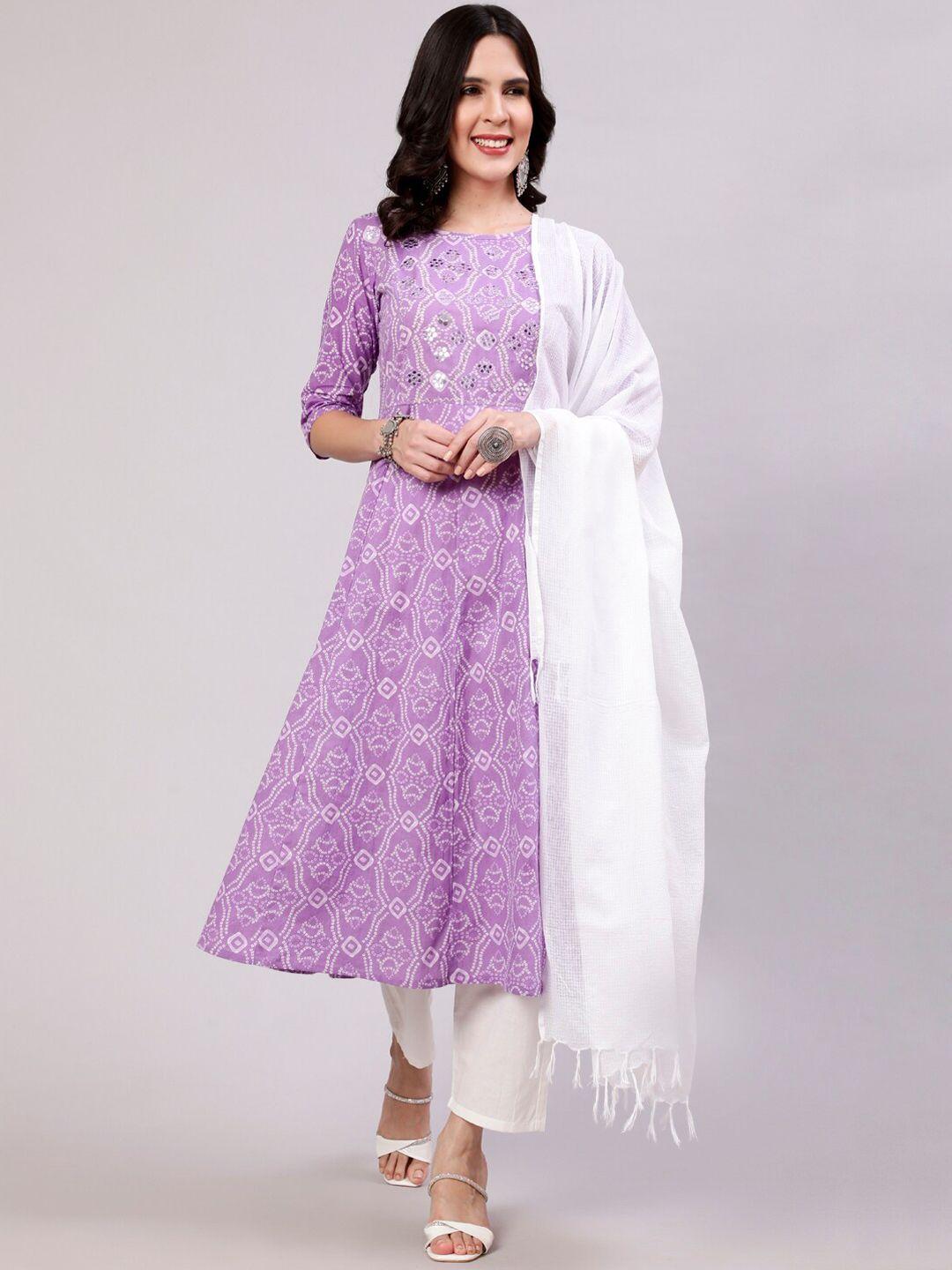 the nks plus bandhani printed pure cotton anarkali kurta with trousers & dupatta