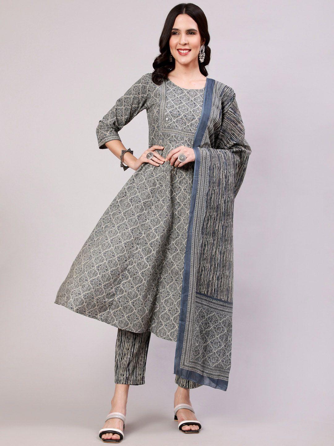 the nks plus ethnic printed mirror work anarkali pure cotton kurta with trousers & dupatta