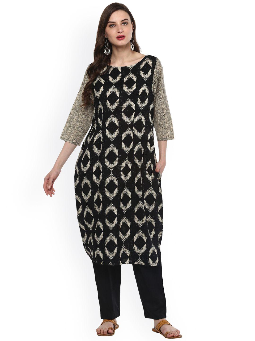 pannkh women black & beige printed a-line kurta