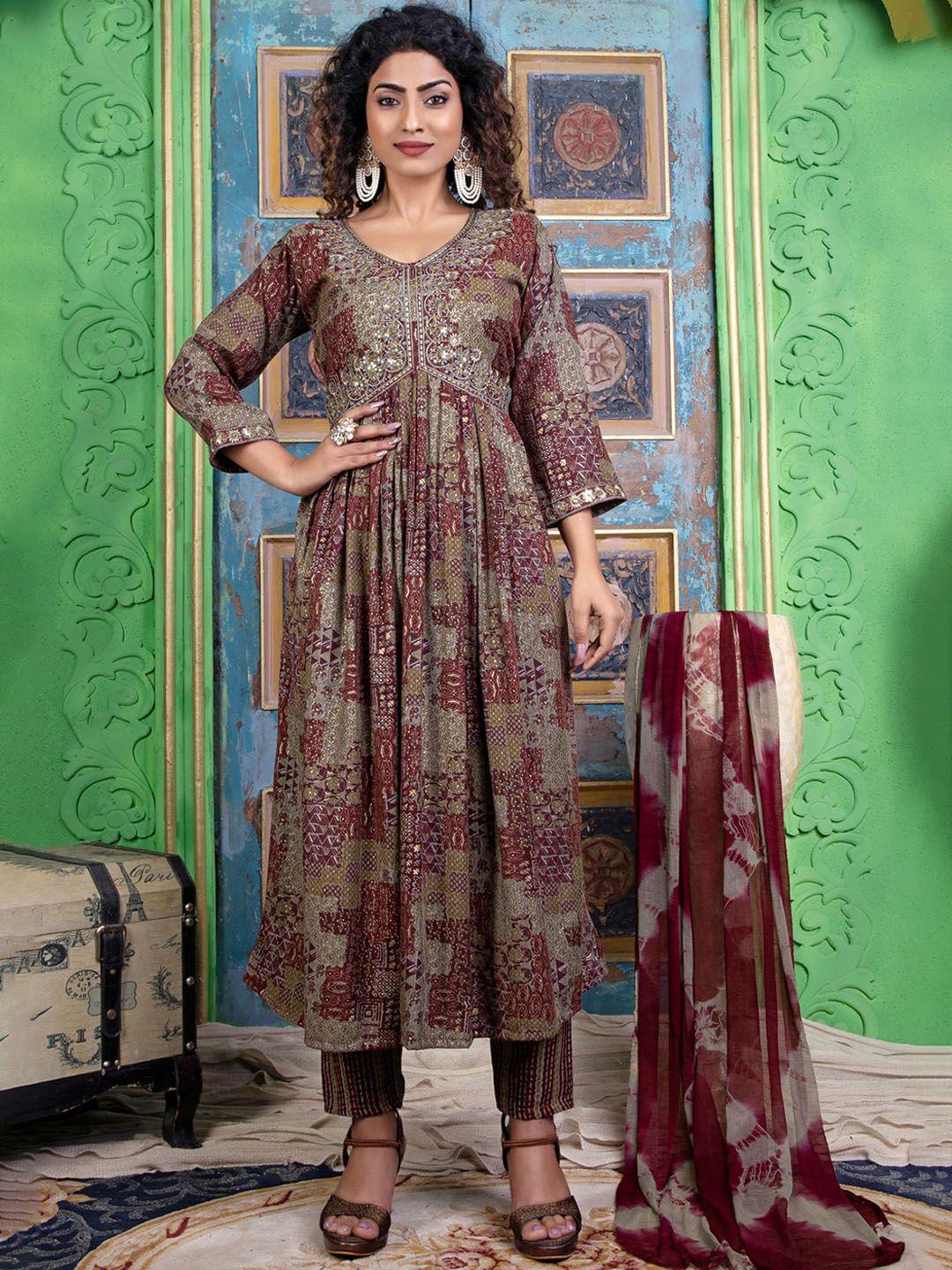 kalini ethnic motifs printed empire kurta with trousers & dupatta