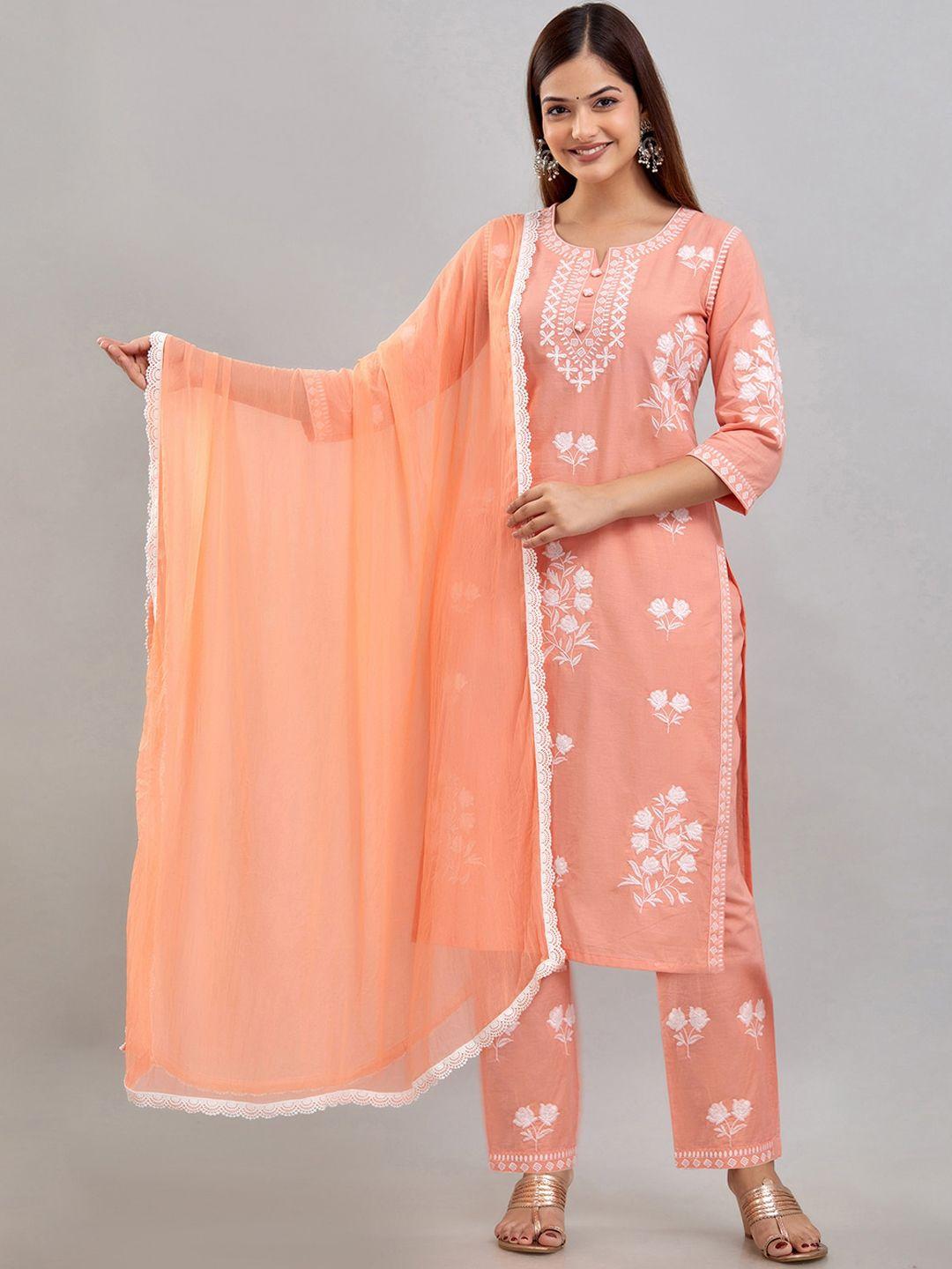 rudra bazaar floral embroidered pure cotton kurta with trousers & dupatta