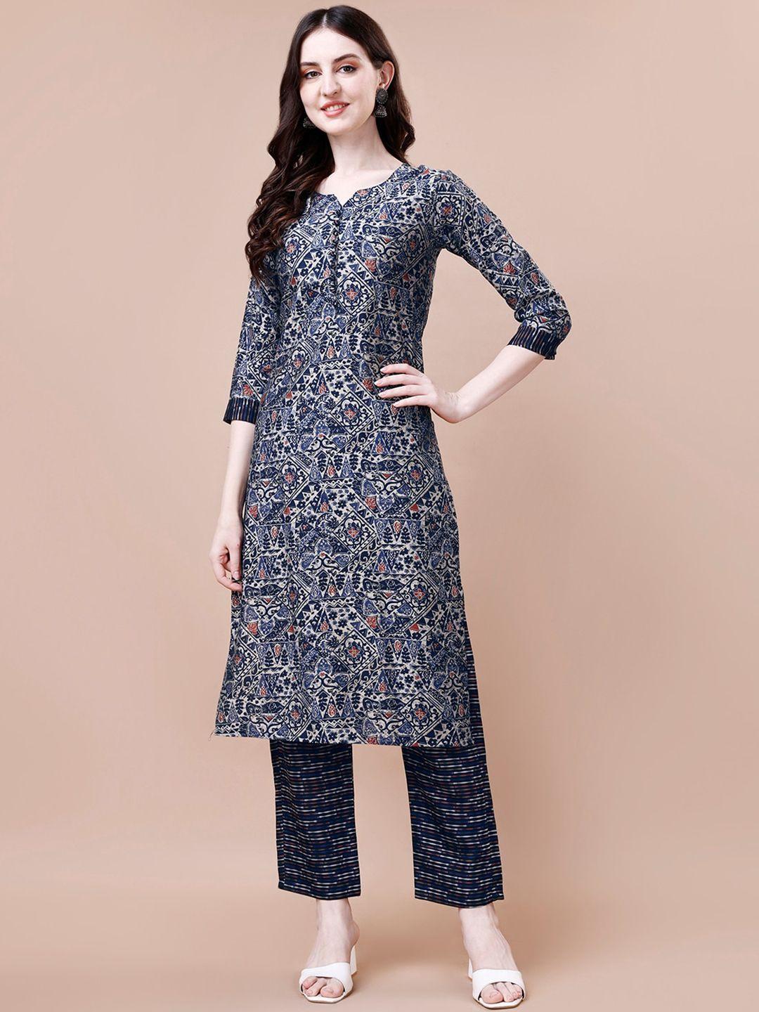 kalini women blue floral printed regular chanderi silk kurta with trousers