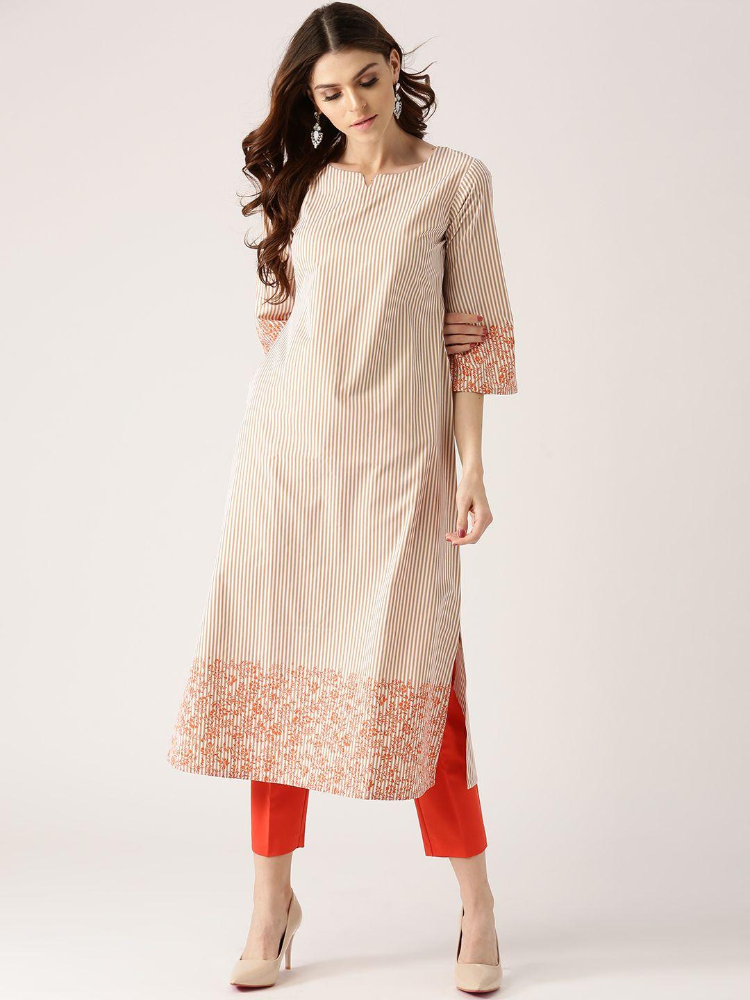 libas women brown & off-white striped straight kurta