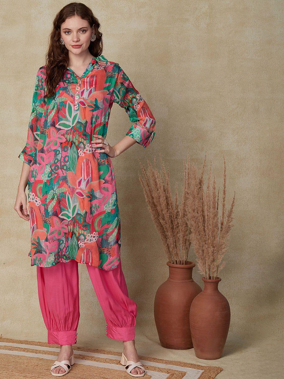 fashor women fuchsia floral printed regular mirror work kurta with salwar