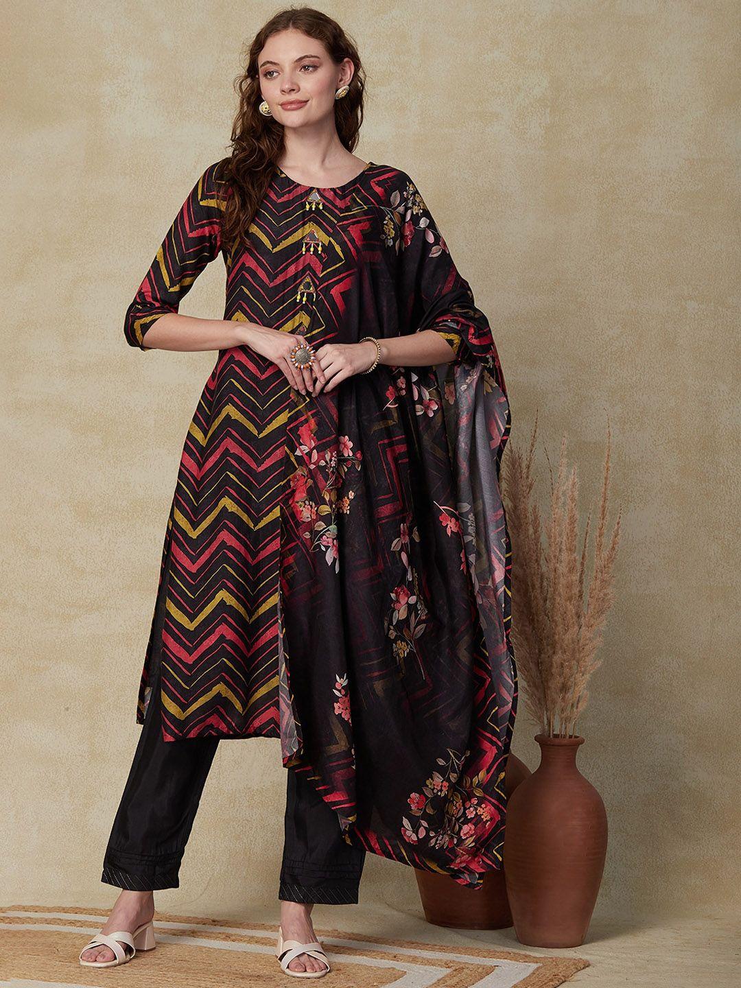 fashor women black striped regular mirror work kurta with trousers & with dupatta