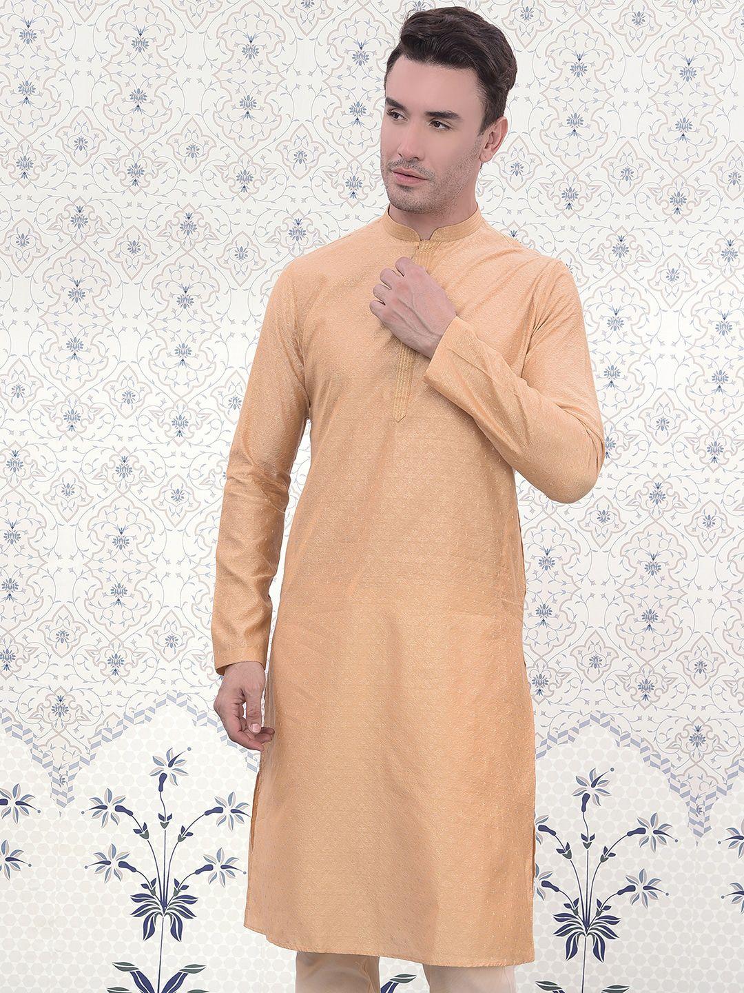 ode by house of pataudi men orange geometric embroidered thread work jacquard kurta