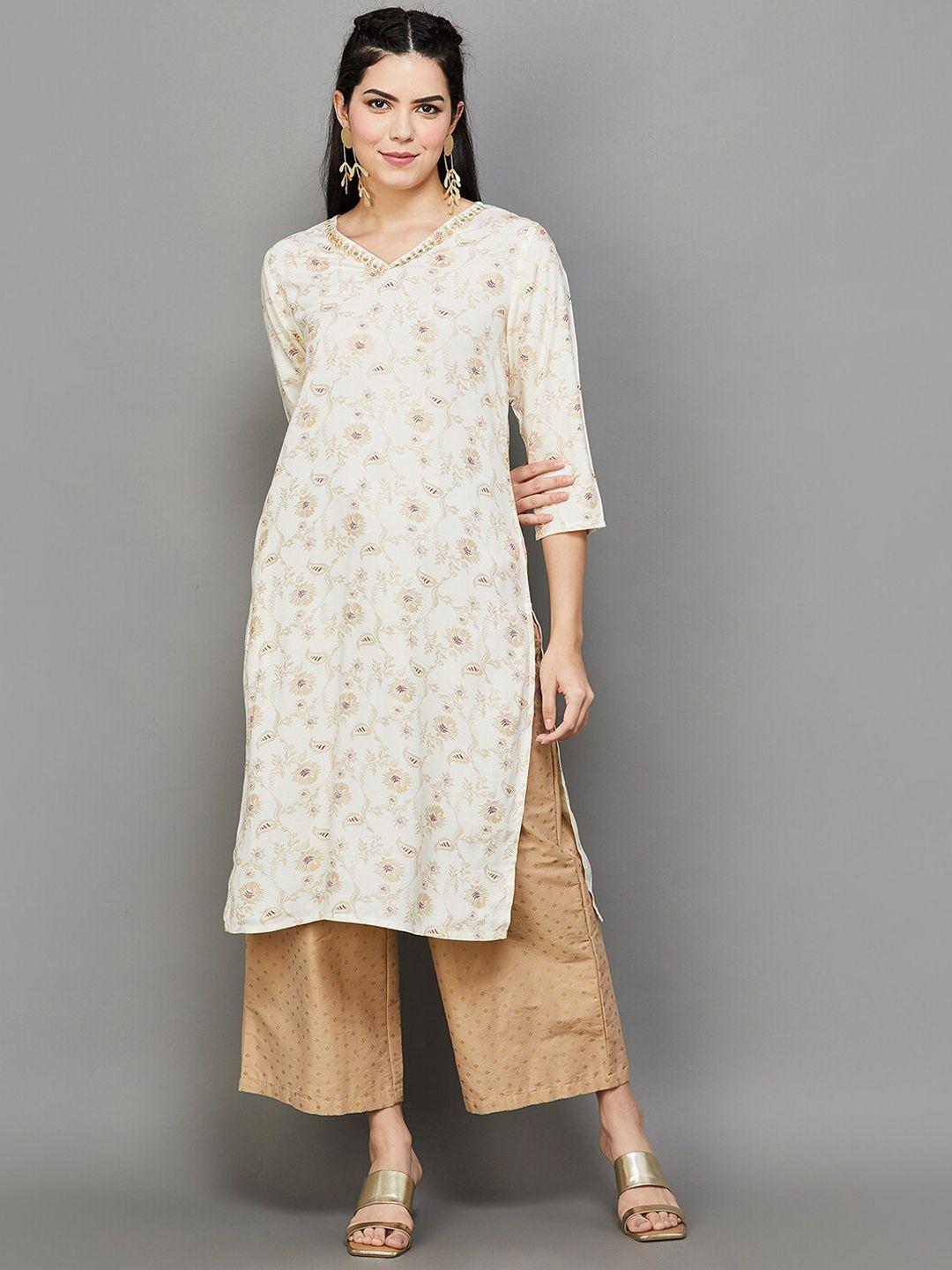 melange by lifestyle floral printed v-neck straight kurta