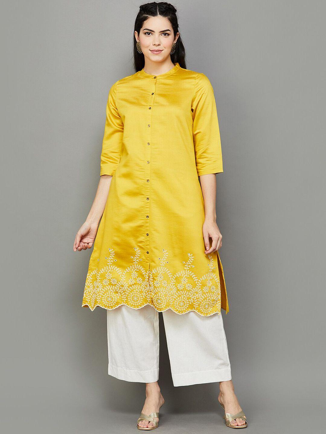 melange by lifestyle embroidered band collar straight cotton kurta