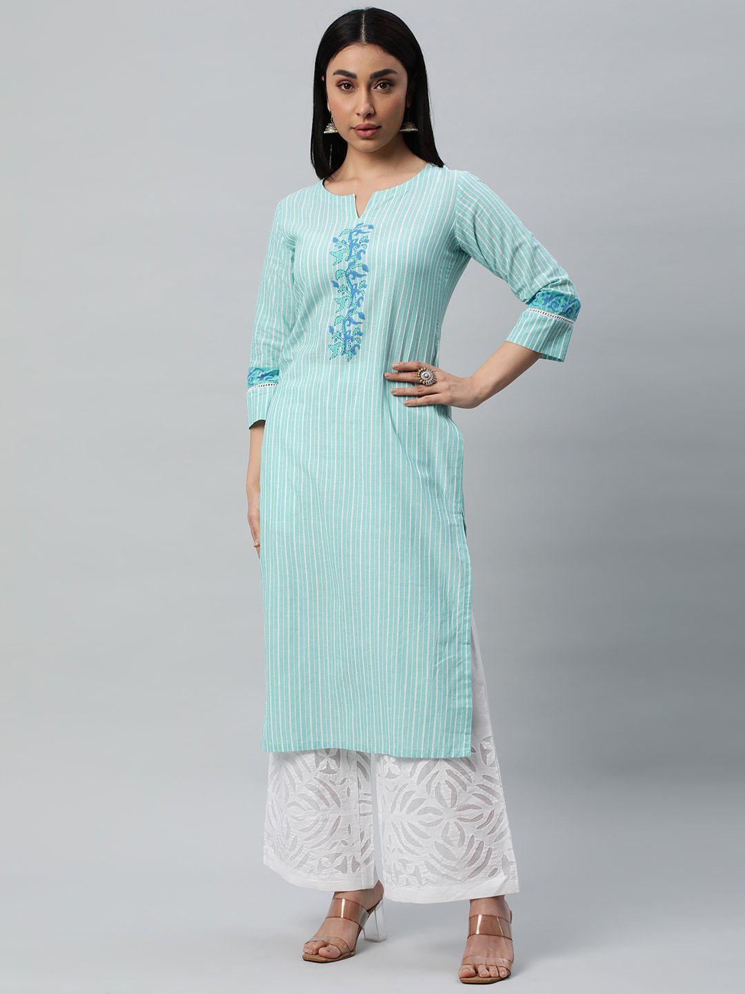 kami kubi women blue striped mirror work kurta