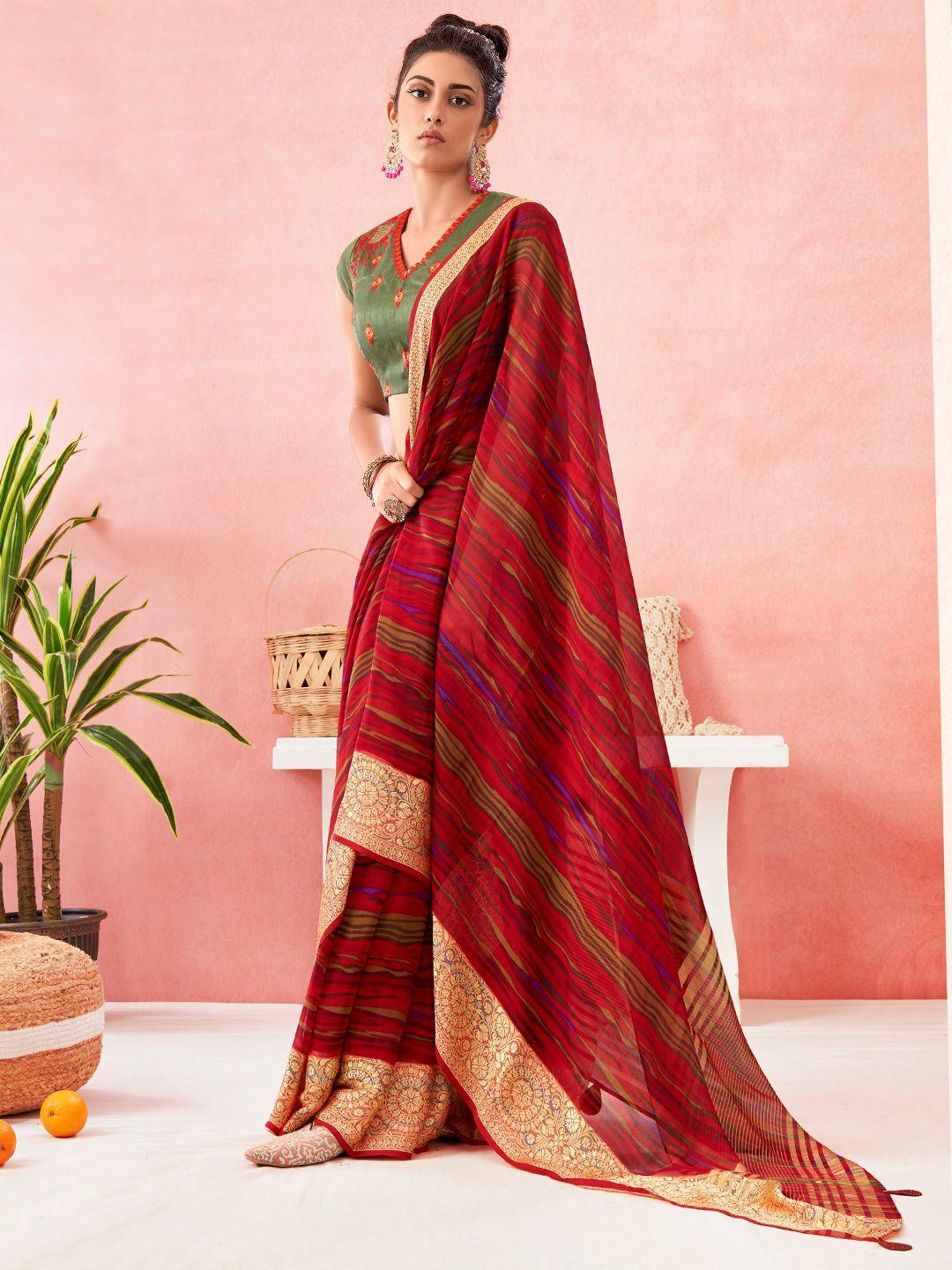 sanskar red & green zari pure chiffon saree