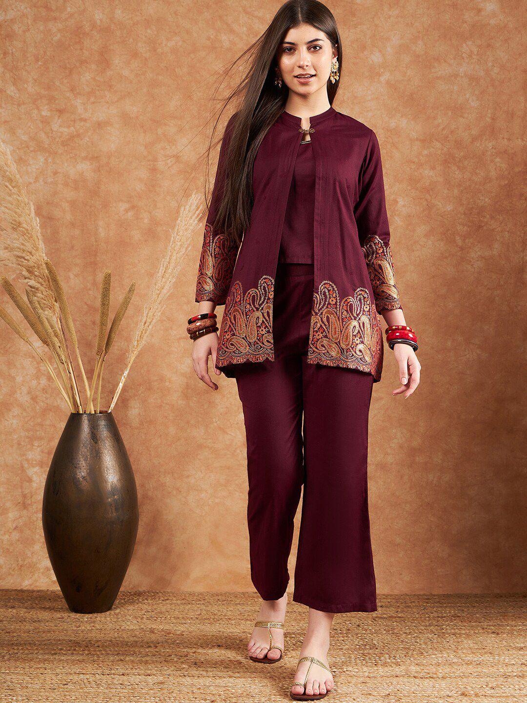 sangria maroon shoulder straps top & trouser with jacket