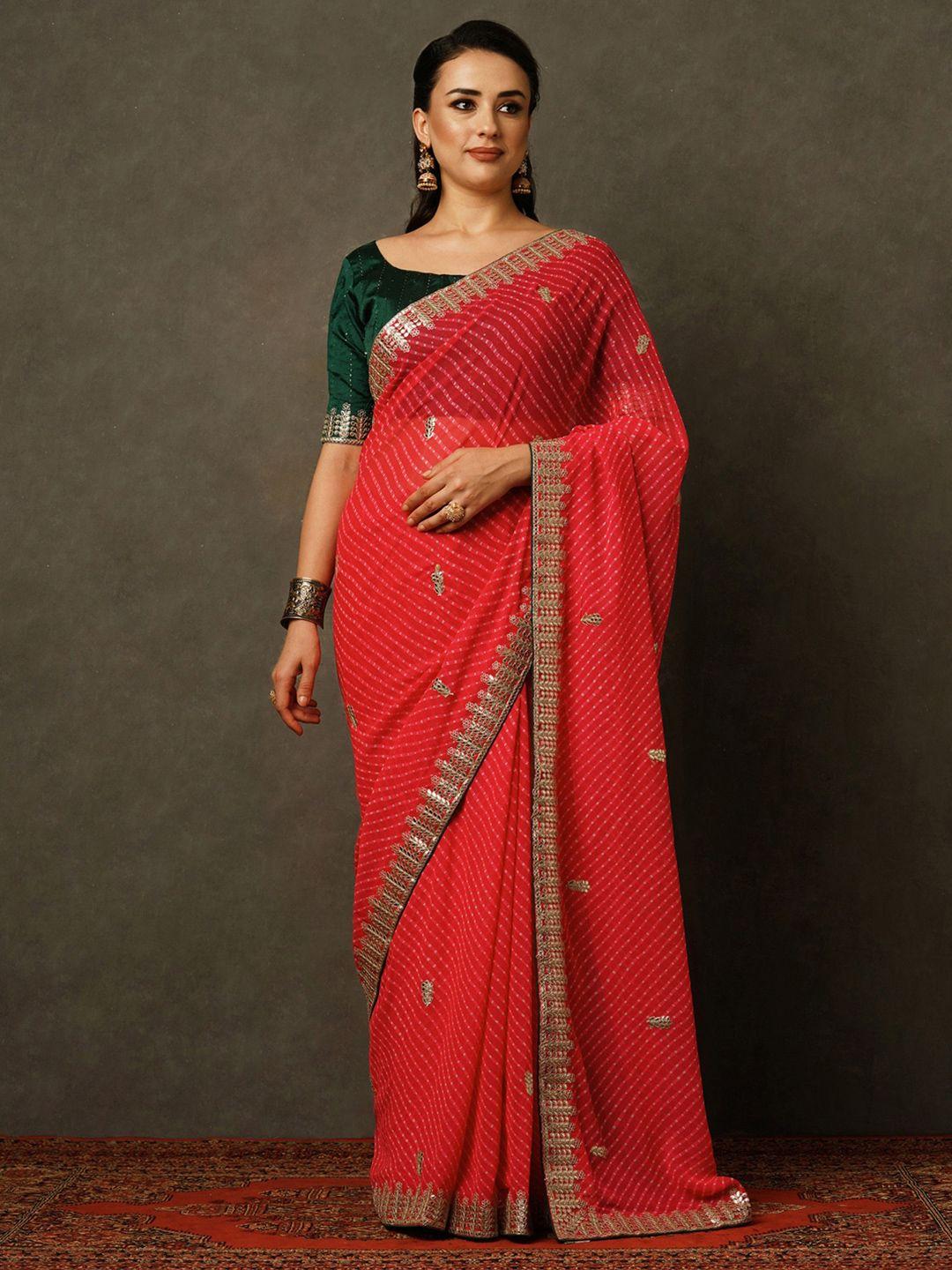 mitera pink & gold-toned leheriya printed embroidered pure georgette bandhani saree