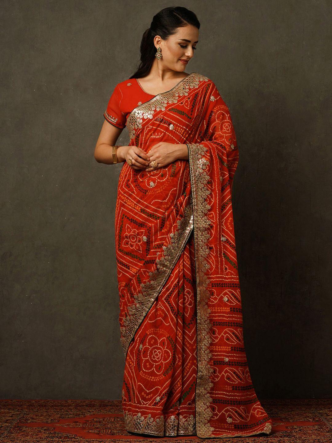 mitera red & gold-toned bandhani printed embroidered pure georgette saree