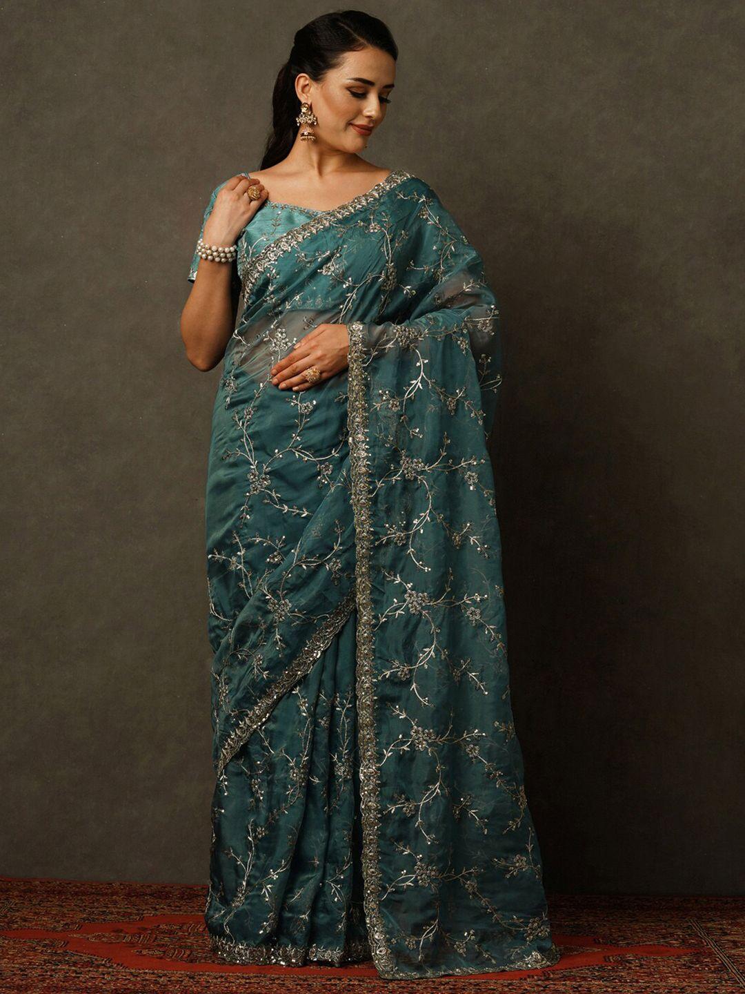 mitera floral embroidered sequinned organza saree