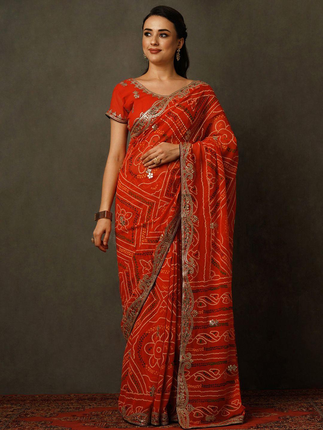 mitera red & green bandhani printed embroidered pure georgette saree