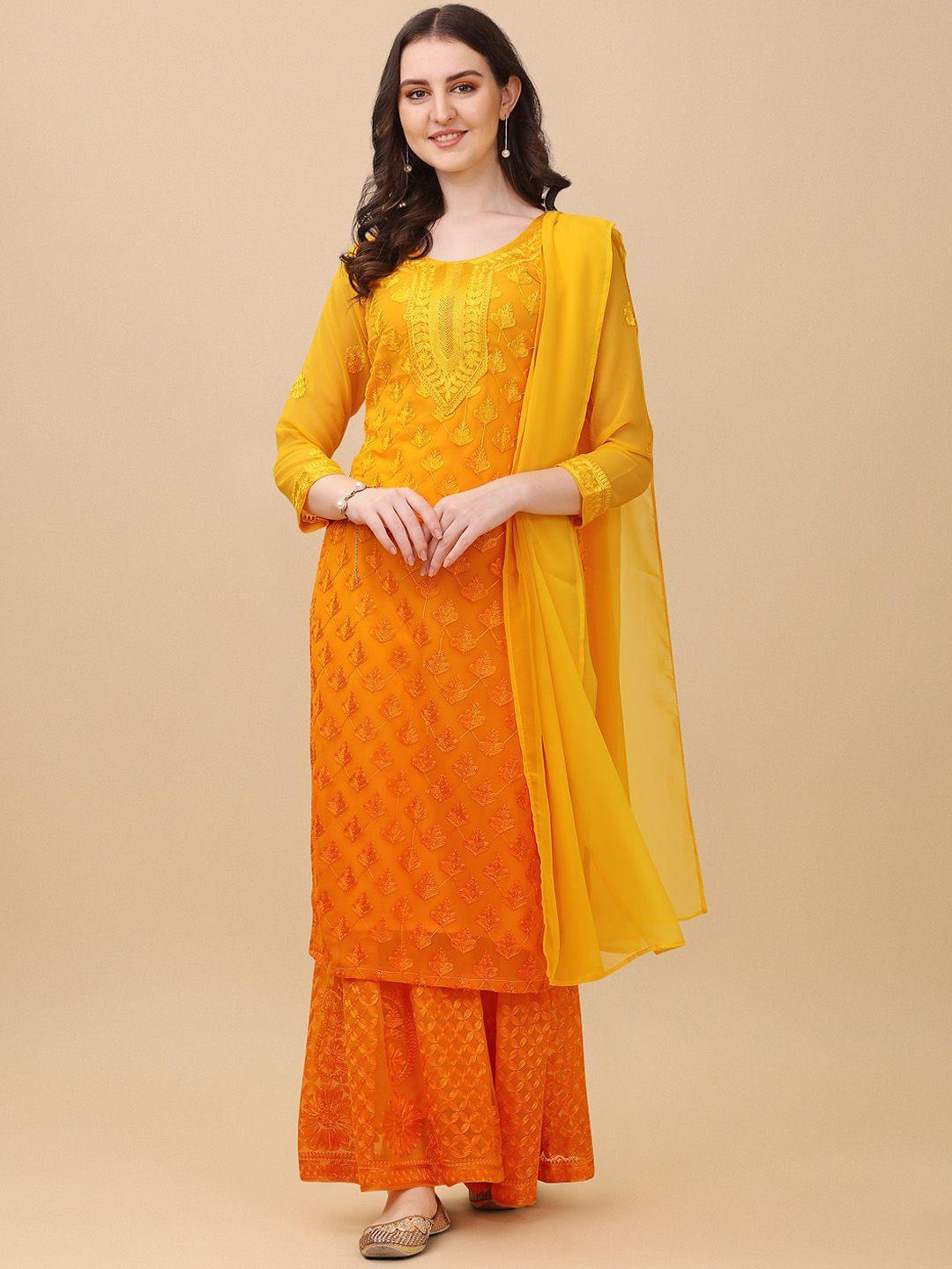 kalini women yellow floral embroidered regular thread work kurta with sharara & with dupatta