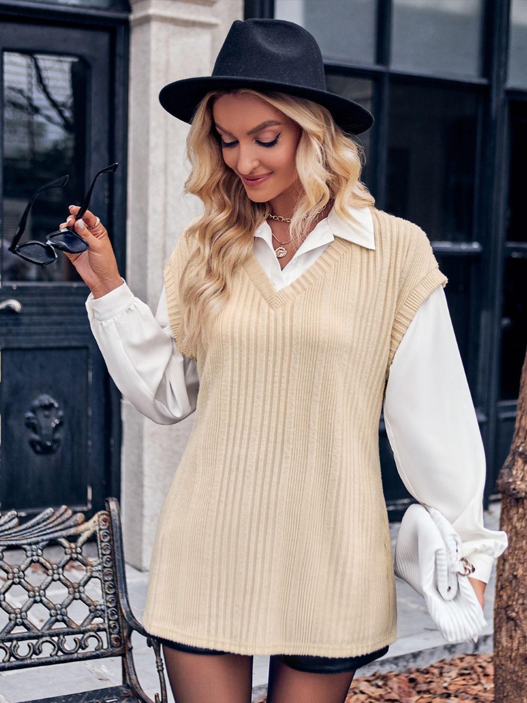 stylecast beige ribbed longline sweater vest