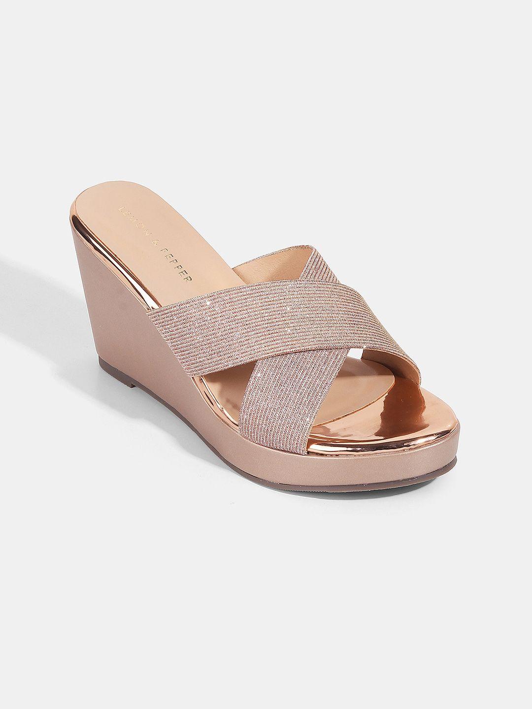 lemon & pepper shimmer cross strap wedges