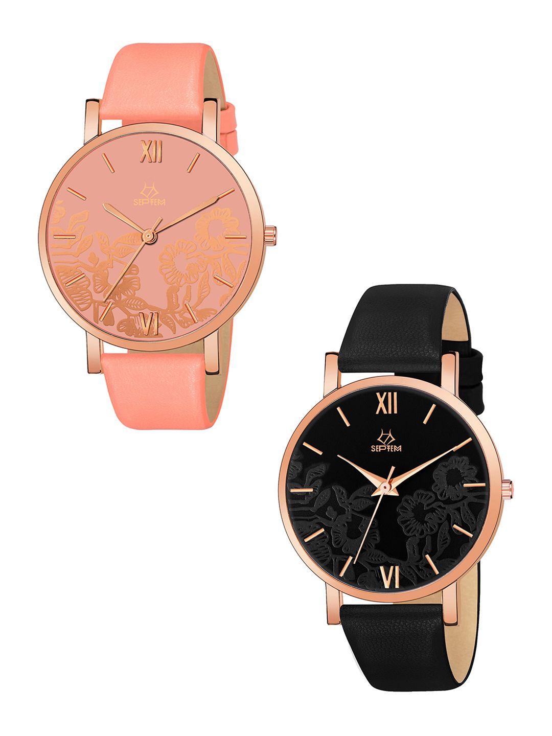 septem women set of 2 leather straps analogue watch sp-118.black-peach-septem