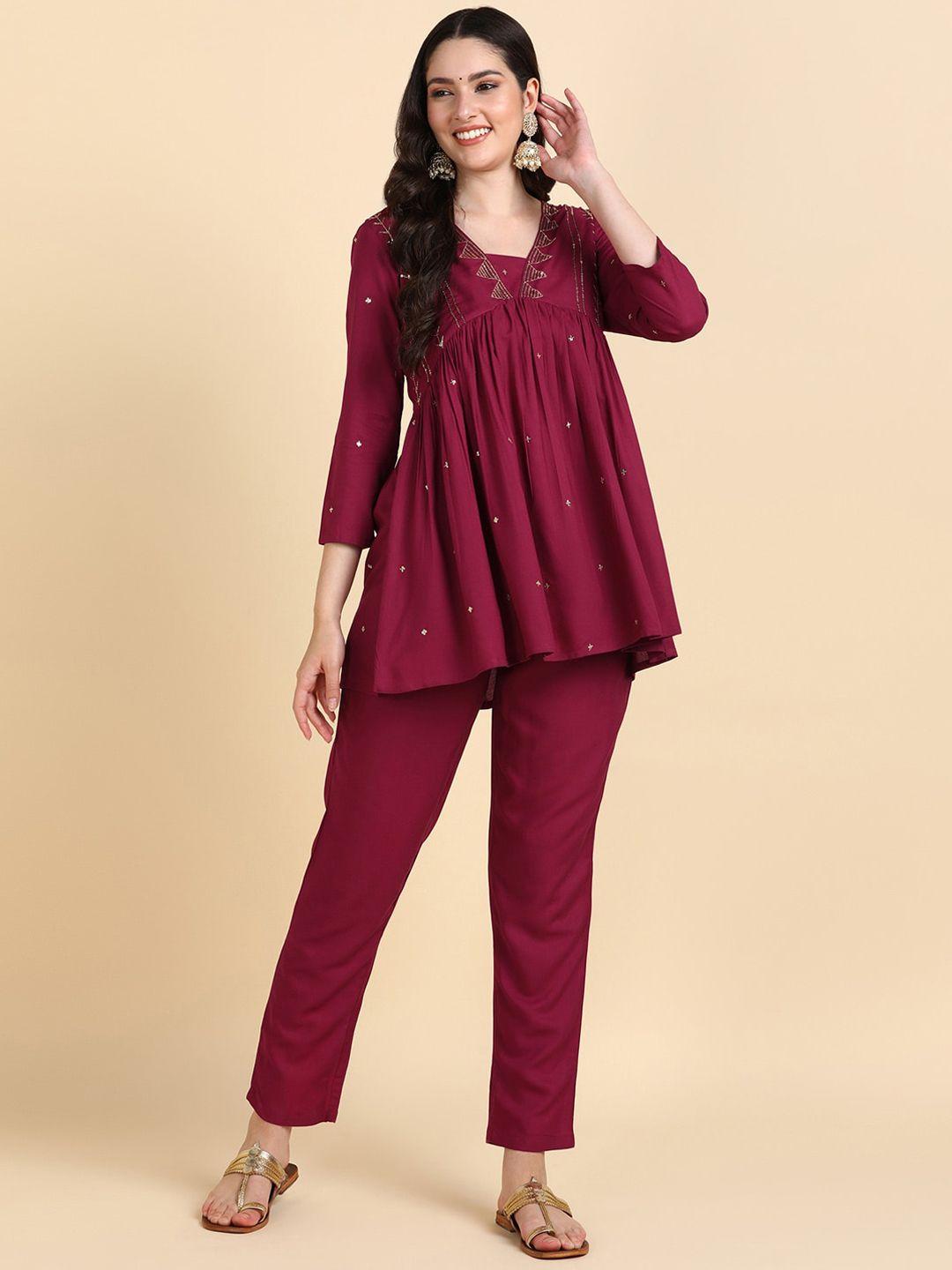 here&now maroon ethnic motifs embroidered empire sequined kurti with trousers