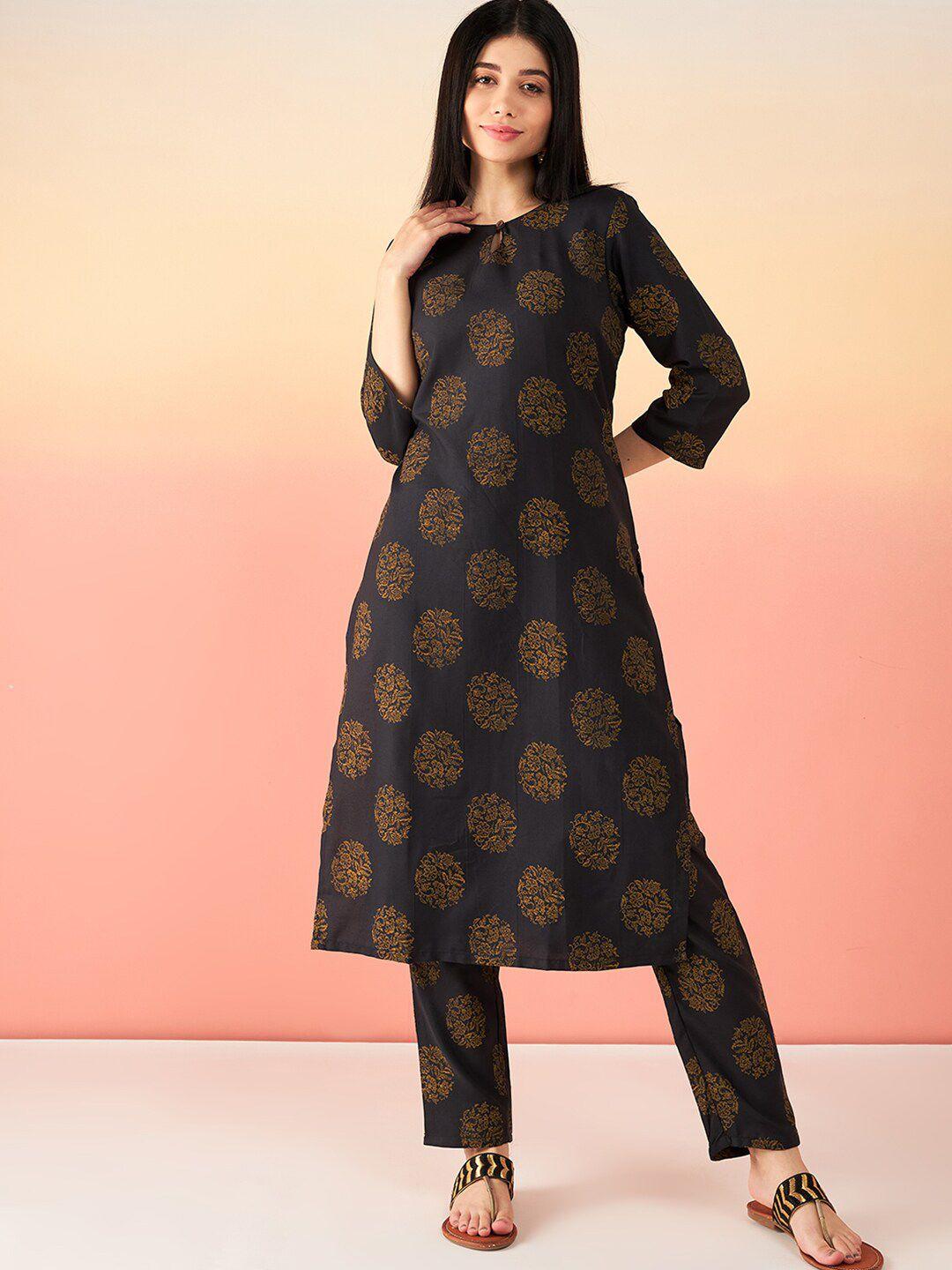 sangria floral printed keyhole neck straight kurta with trouser