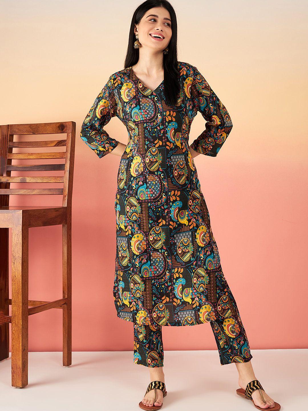 sangria black ethnic motifs printed straight kurta with trouser