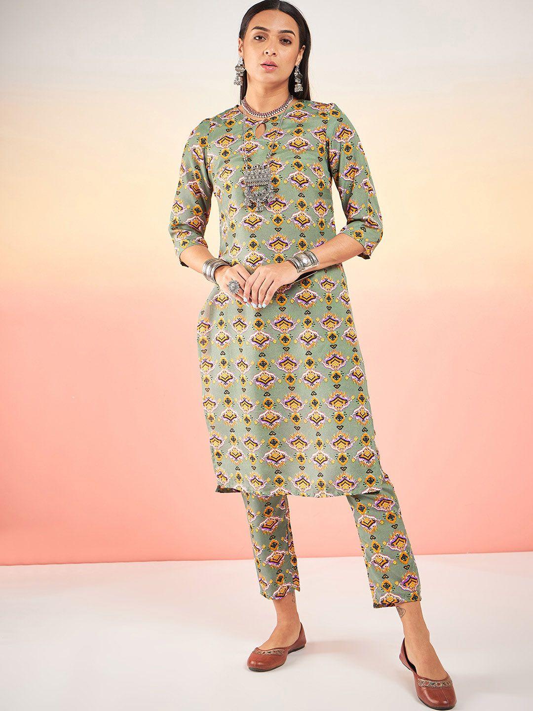 sangria green ethnic motifs printed straight kurta with trouser