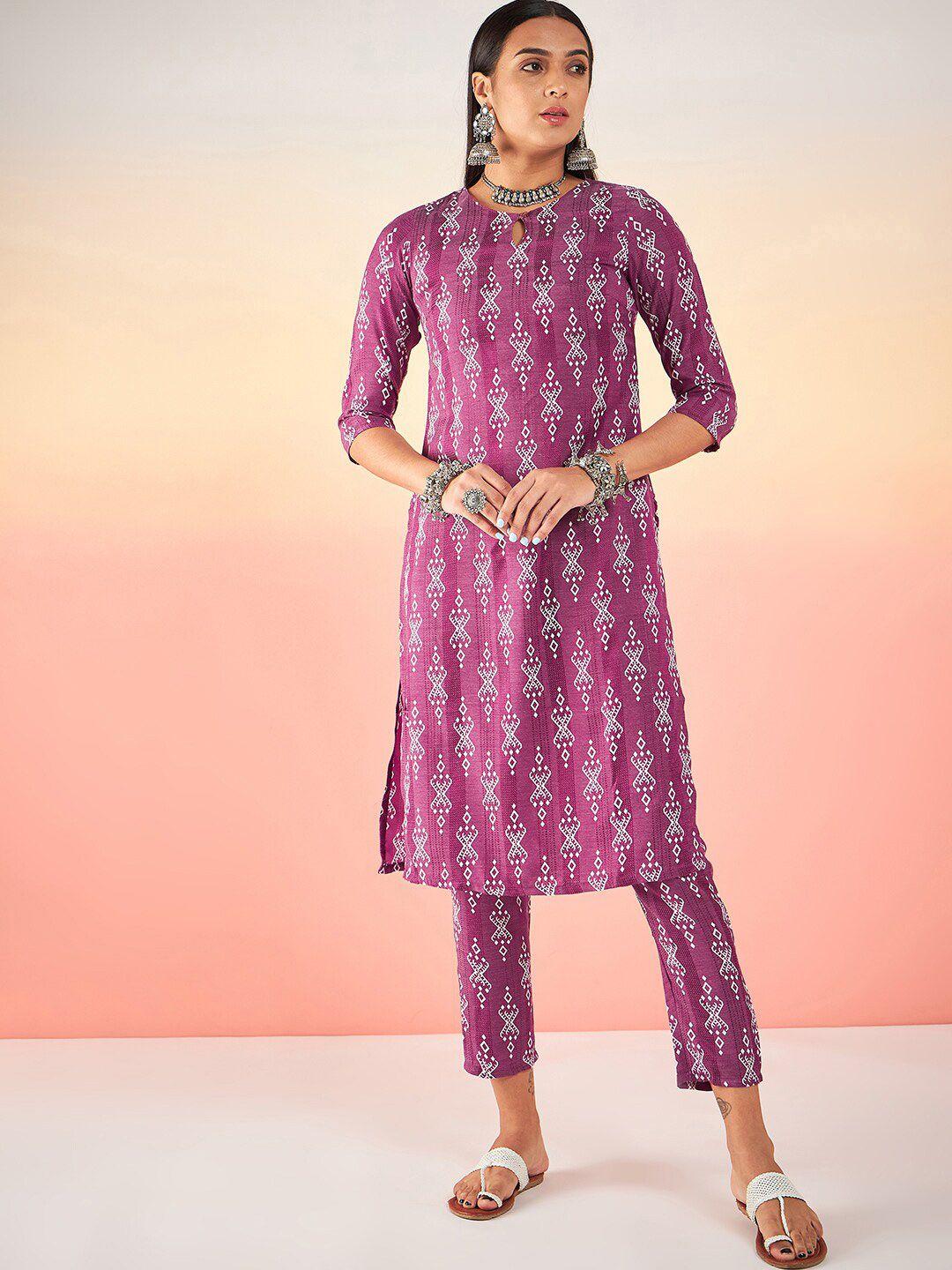 sangria ethnic motifs printed keyhole neck straight kurta with trouser