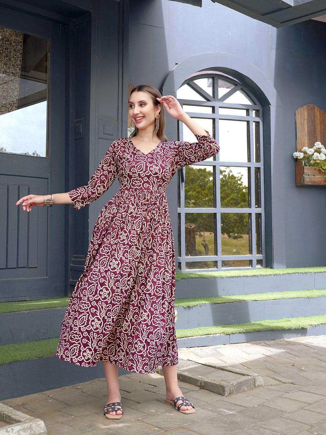 anouk maroon ethnic motifs printed v-neck gathered pure cotton fit & flare midi dress