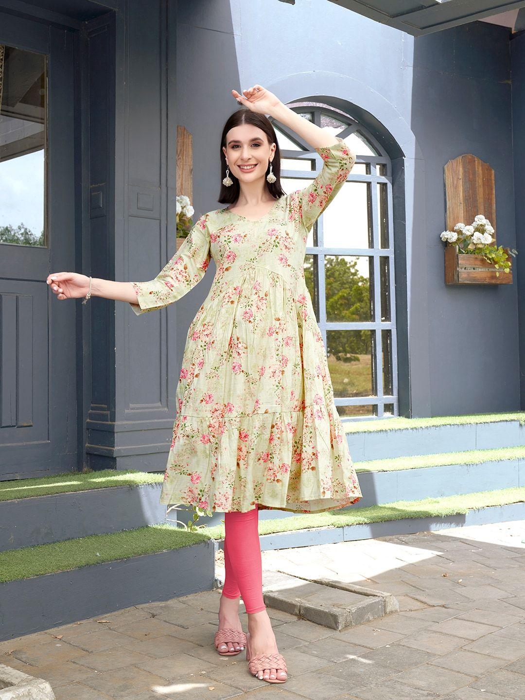 anouk green floral printed empire pure cotton a-line kurta