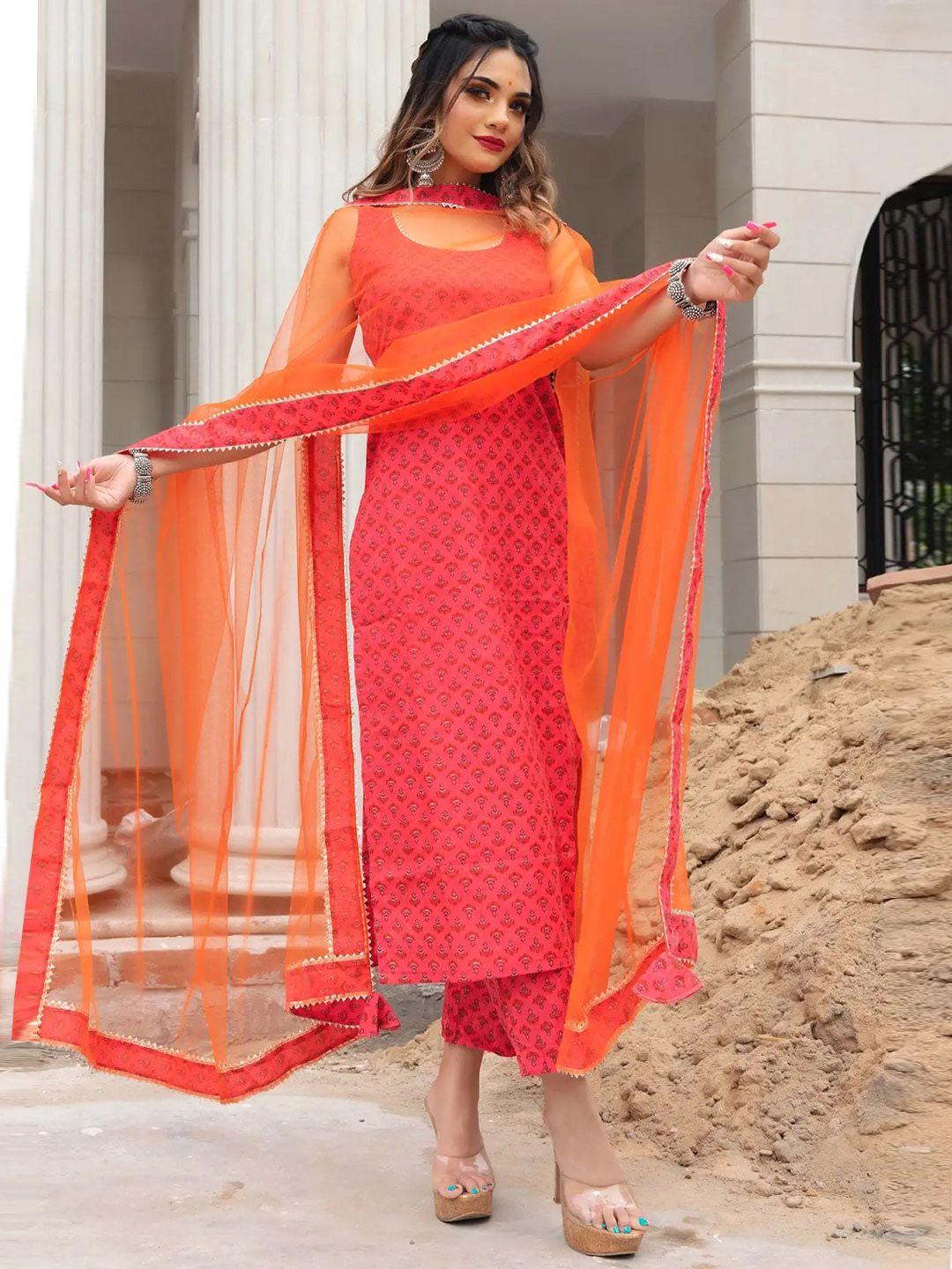 gorgone ethnic motifs printed regular gotta patti kurta with trousers & dupatta