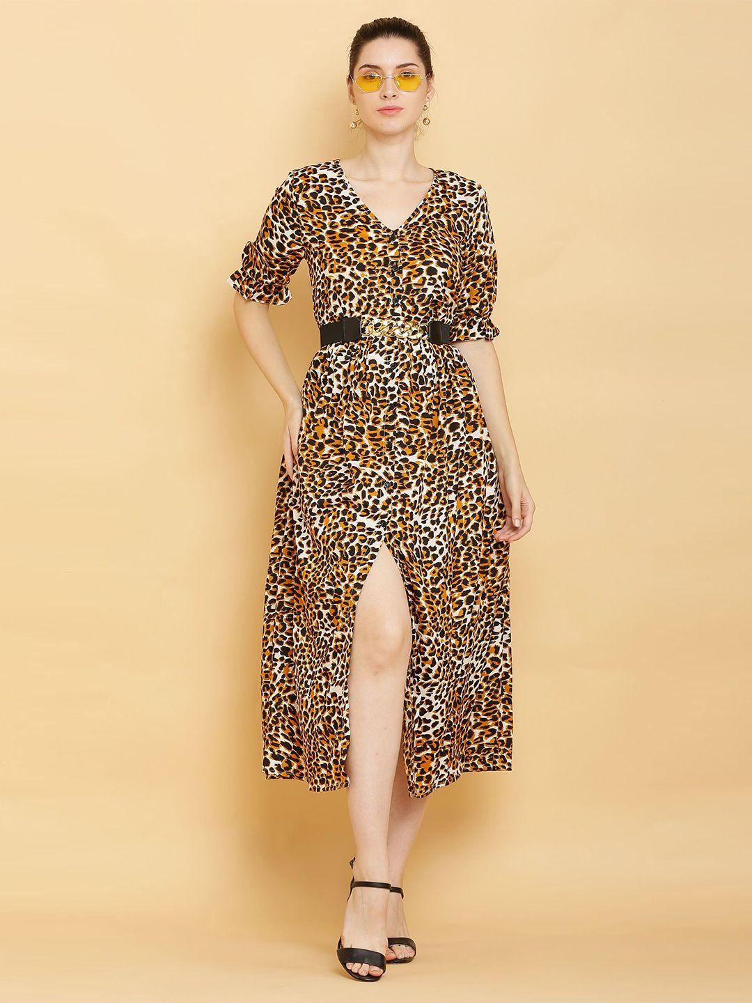 sqew brown animal print flared sleeve midi dress