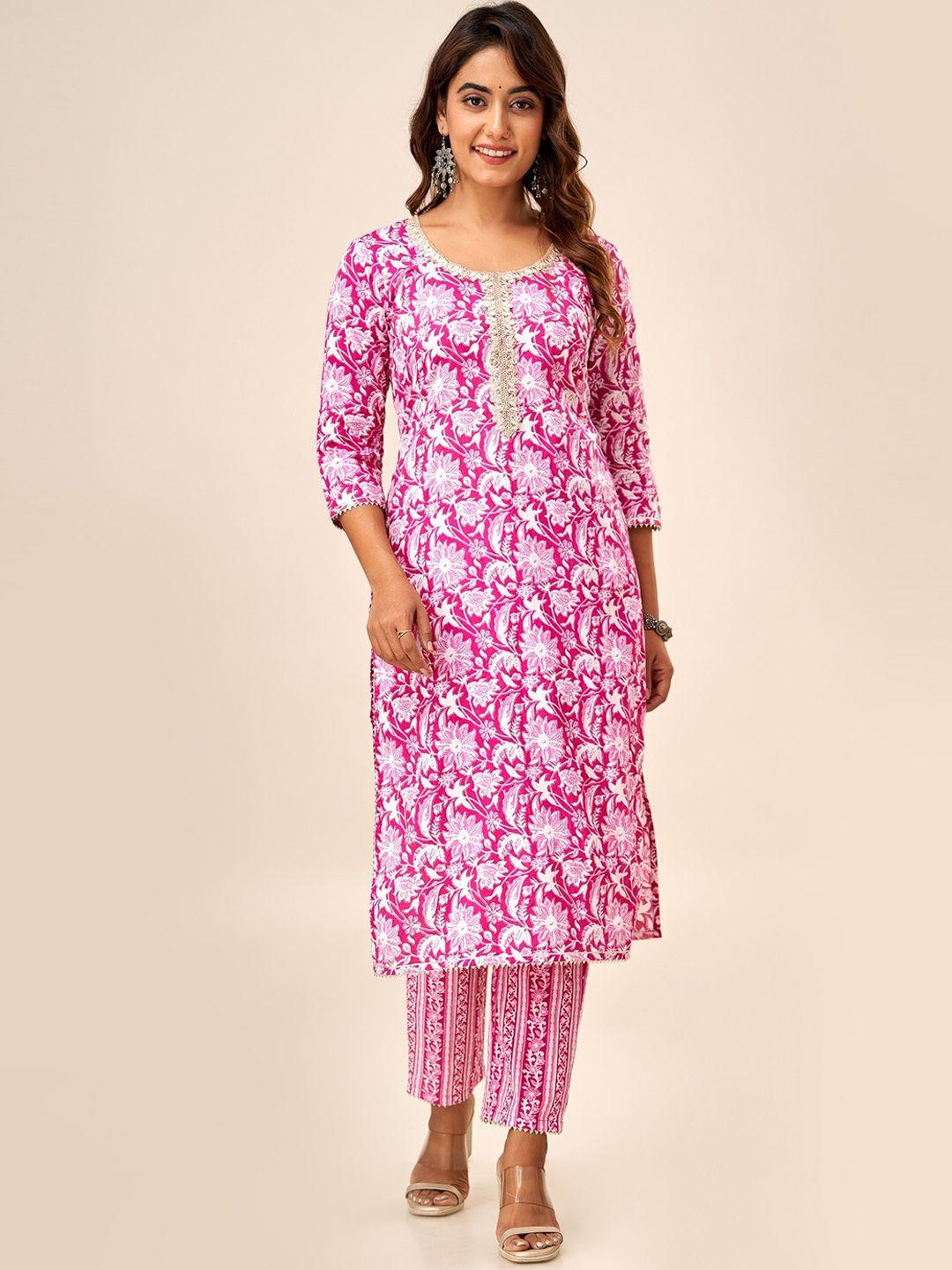 here&now floral printed gotta patti pure cotton straight kurta