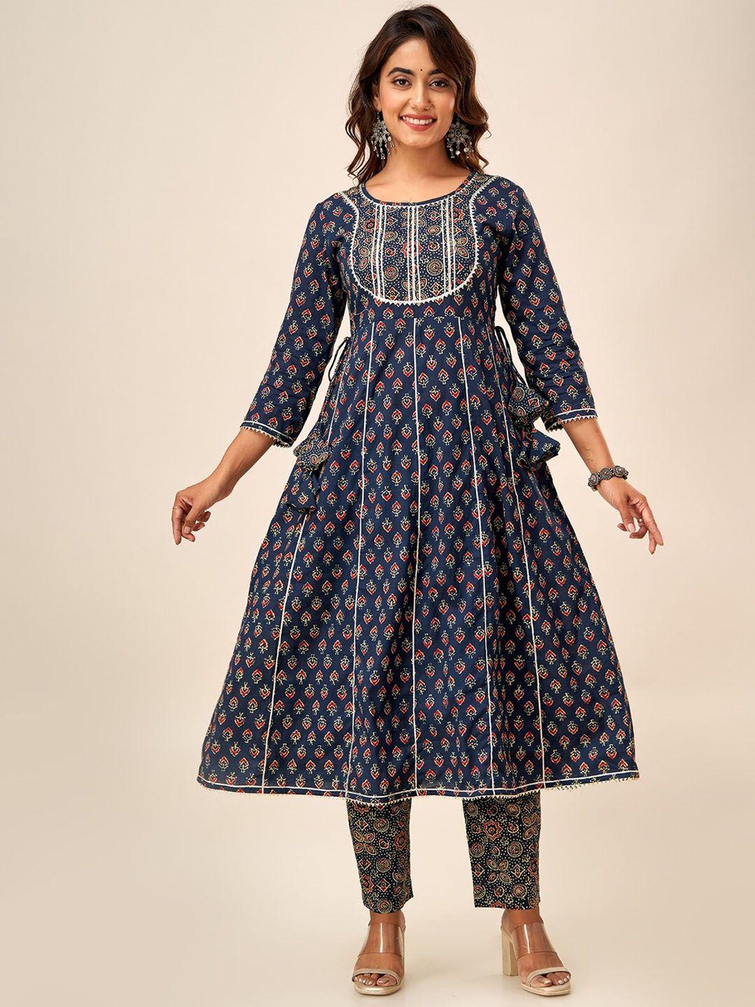 here&now ethnic motifs printed pure cotton a-line kurta with trousers