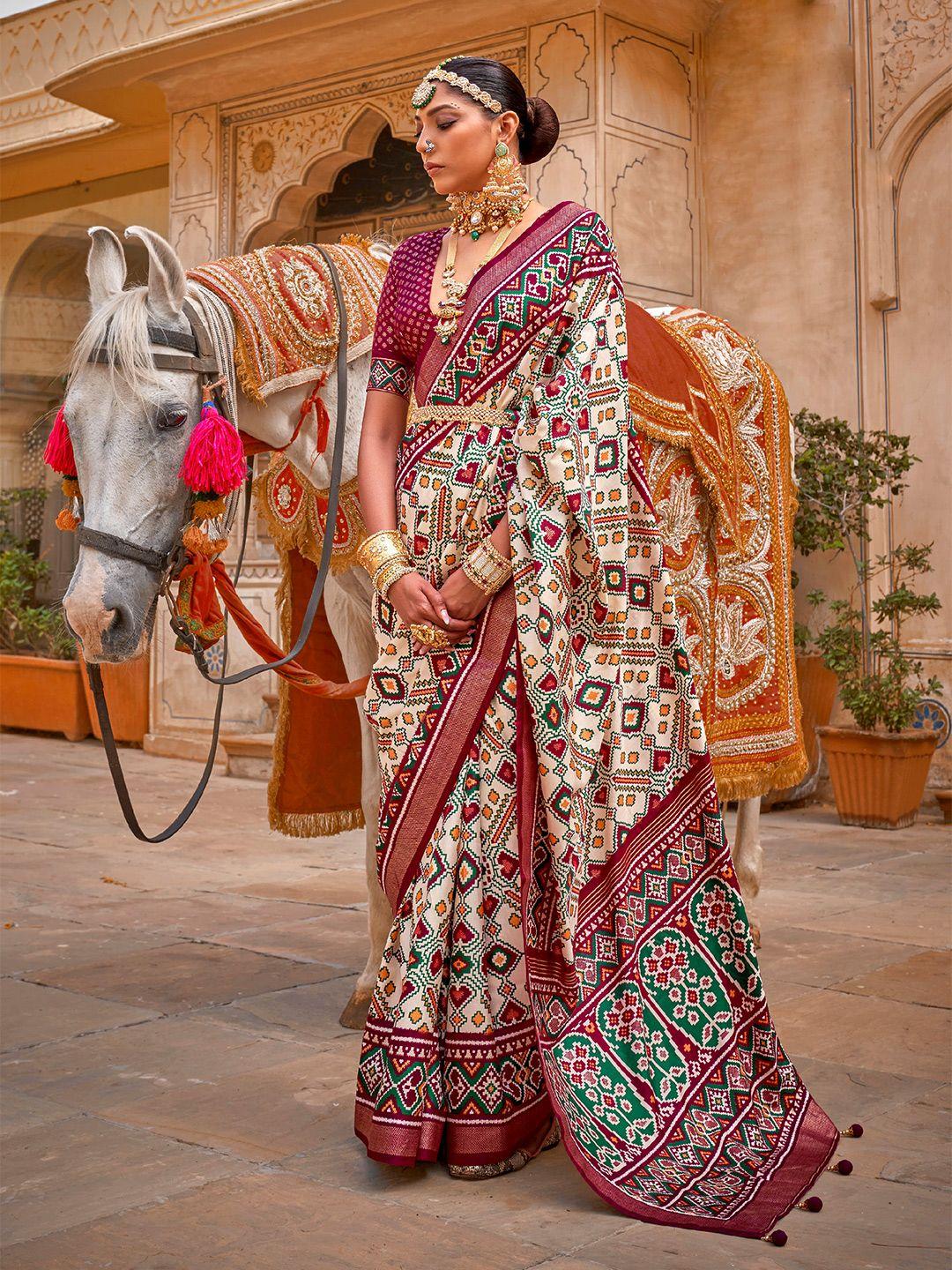 mitera cream-coloured & maroon zari silk blend patola saree