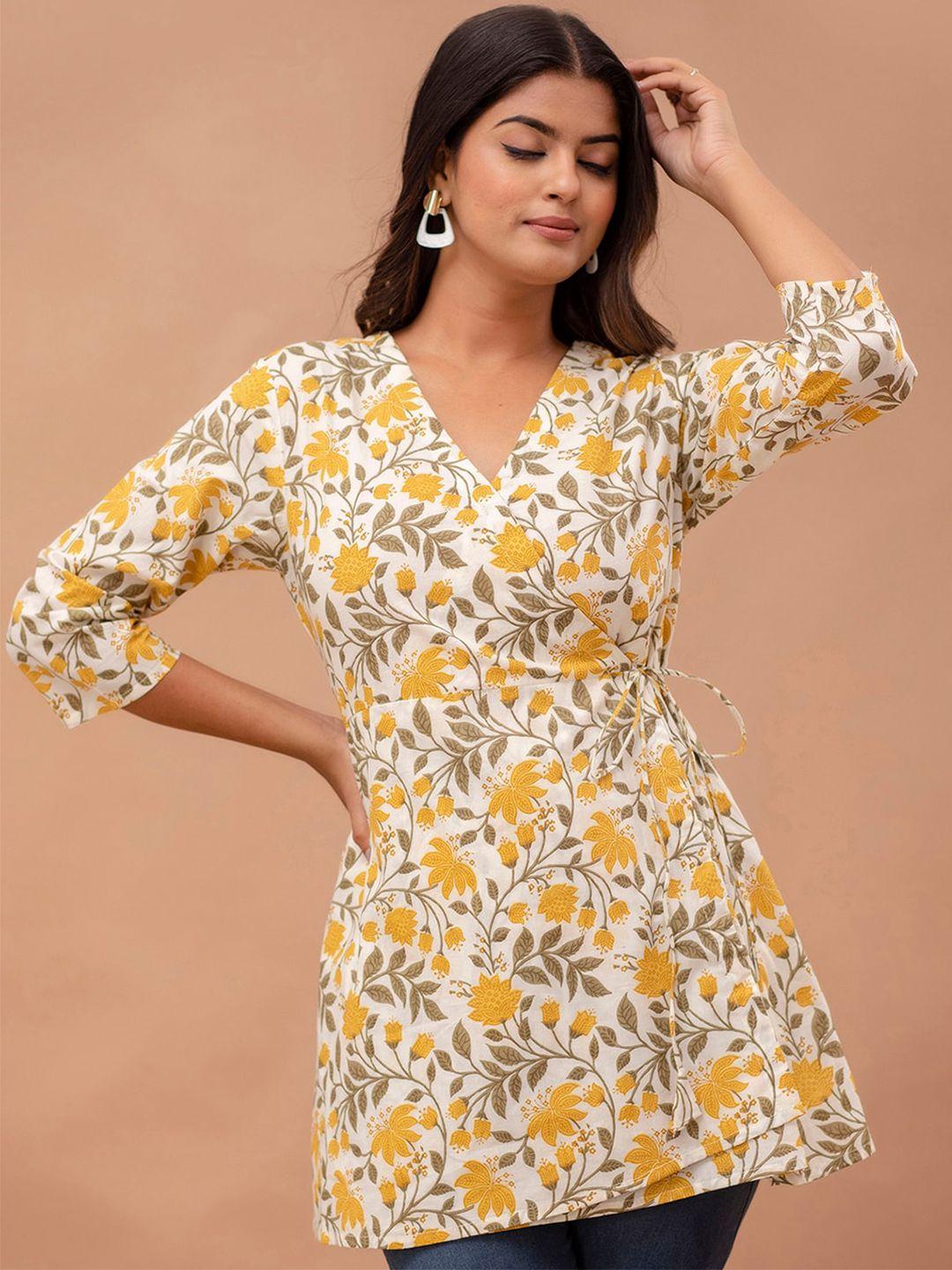 feranoid floral printed v-neck pure cotton angrakha a-line kurti