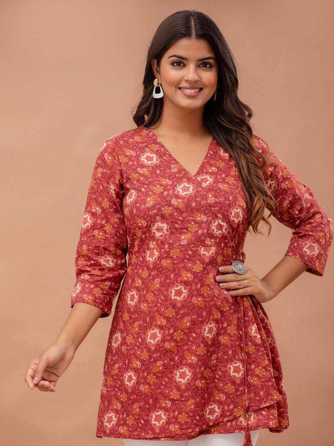 feranoid floral printed v-neck pure cotton angrakha a-line kurti