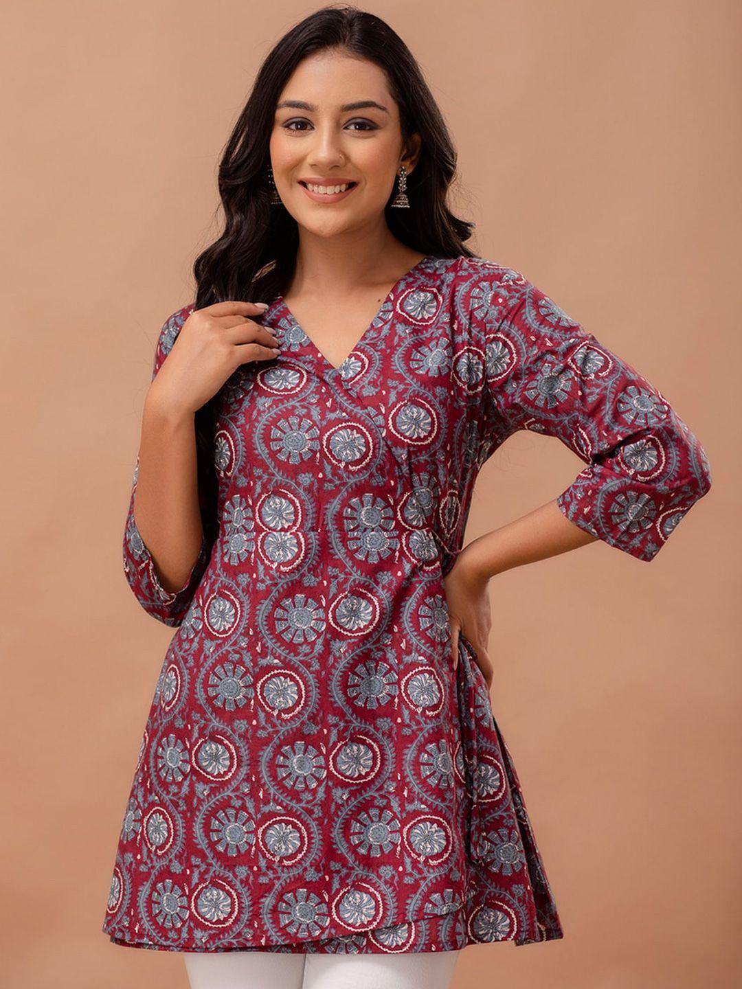 feranoid ethnic motifs printed v-neck pure cotton angrakha a-line kurti