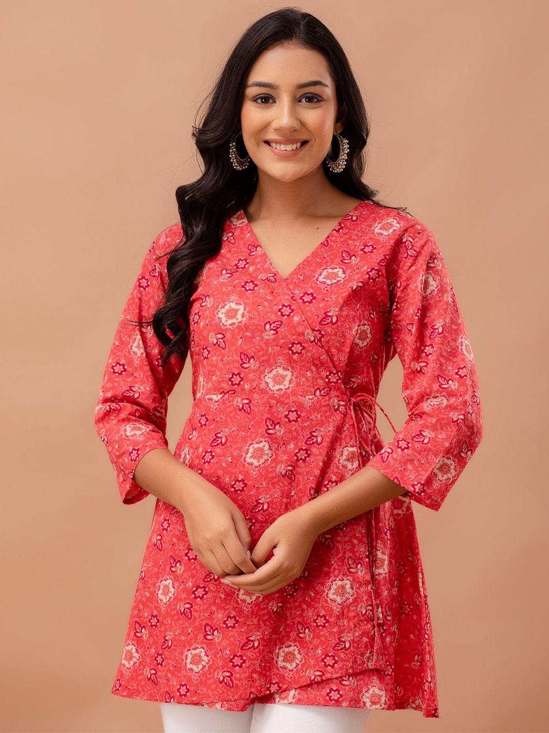 feranoid floral printed v-neck pure cotton angrakha a-line kurti