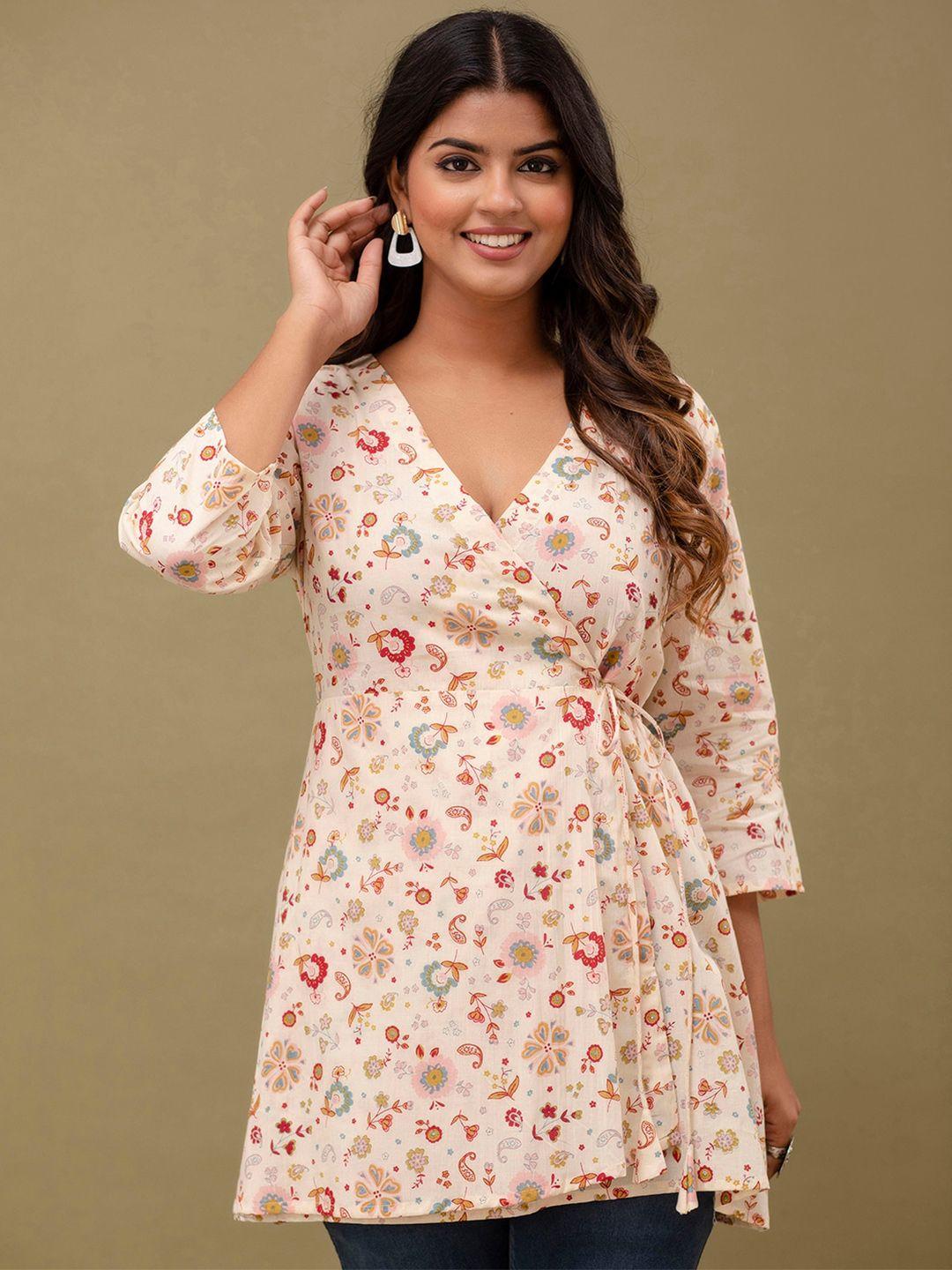 feranoid floral printed v-neck pure cotton angrakha a-line kurti